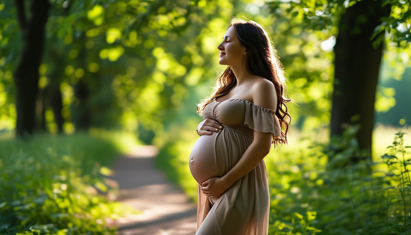 Pregnant woman walking gently in a shaded park